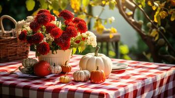 Flowers and pumpkins on a table AI Generative photo