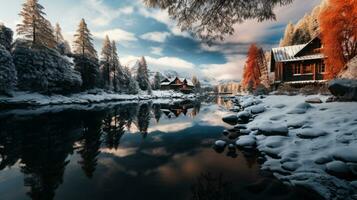 Beautiful winter landscape with a lake and wooden houses in the forest. photo