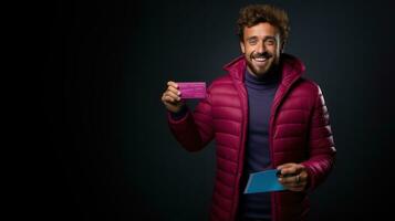 joven hermoso Hispano hombre con Rizado pelo vistiendo invierno chaqueta en contra negro antecedentes espectáculo tarjeta. foto