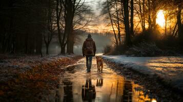 espalda de hombre caminando con su perro en un charco a puesta de sol en invierno. foto