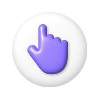 Purple hand pointing icon on white round button. 3D vector illustration.