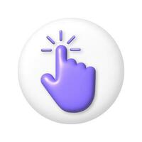 Purple computer cursor hand pointing icon on white round button. 3D vector illustration.