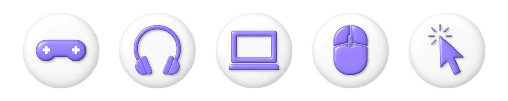 Purple computer gadgets icons on white round buttons. Laptop, headphones, console, mouse, arrow cursor. 3D vector illustration.