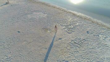 Young woman in white dress is walking on white shore of salt lake. Aerial top view. video