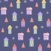 Scandinavian houses, pink Christmas trees and snowflakes seamless pattern. Perfect for cards, invitations, wallpaper, banners, kindergarten, baby shower, children room decoration. vector