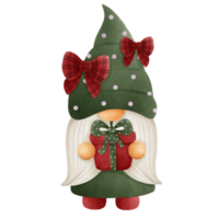 en liten gnome bär en hatt dekorerad med en röd rosett är innehav en gåva låda png