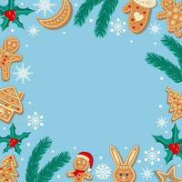 Pastel blue background with snowflakes, gingerbreads, holly and fir twigs. Festive Xmas design. Empty space for your text. Template for cards, banner, poster. vector