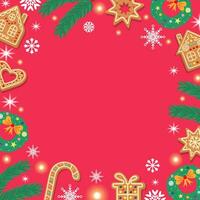 Red background with snowflakes, gingerbreads, fir twigs and wreath. Festive Xmas design. Empty space for your text. Template for cards, banner, poster. vector