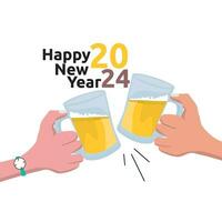 Two hands holding beer with happy new year 2024 text. suitable for new year greeting card. vector