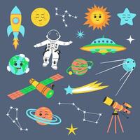 linda exterior espacio universo colocar. cósmico haz con dibujos animados planetas, astronave, satélites, astronauta y constelaciones colección de ingenuo estelar pegatinas vector