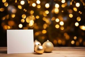 blanco Navidad tarjeta siguiente a dorado Navidad adornos en de madera mesa. generativo ai foto