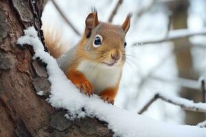Cute red squirrel sitting in a snow and looking for food on winter forest. Wildlife scene. Generative AI photo