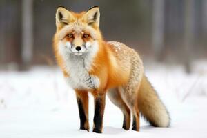 peludo animal rojo zorro, vulpes vulpes, en nieve en invierno. generativo ai foto