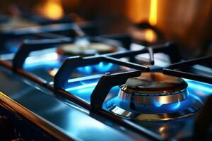 Burning gas burners on a kitchen gas stove. Generative AI photo
