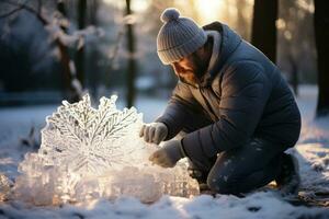 Elated person creating ice sculpture in snowy outdoors background with empty space for text photo