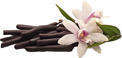 Vanilla pods and orchid flower png with AI generated.