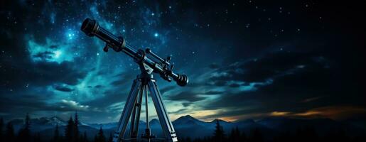 Stargazing equipment against a night sky backdrop background with empty space for text photo