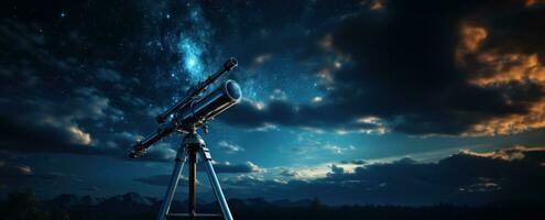 Stargazing equipment against a night sky backdrop background with empty space for text photo