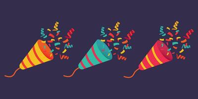 Party Popper colored holiday crackers and confetti. Celebration of fun parties. Vector illustration in flat cartoon style