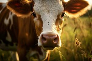 Close-up of the nose and nostrils of a cow in the pasture. Generative AI photo