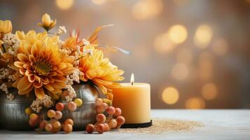 Thanksgiving themed candle centerpieces being crafted background with empty space for text photo