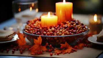 Creating Thanksgiving candle centerpieces with autumn colored decorative elements photo