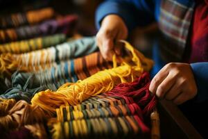 Hands weaving on a traditional loom background with empty space for text photo