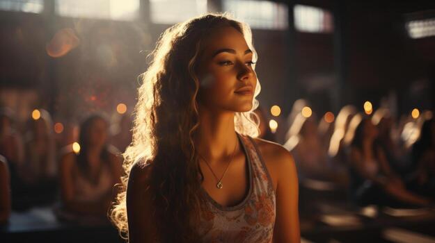 Deep inhale and exhale in yoga class background with empty space for text photo