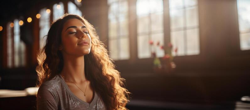 Deep inhale and exhale in yoga class background with empty space for text photo