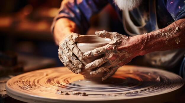 Detail of hands shaping pottery on a wheel background with empty space for text photo
