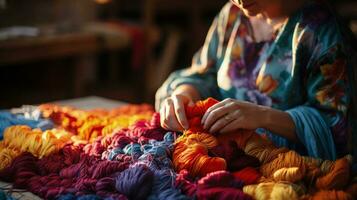 Woman engaged in textile therapy weaving colors and healing through embroidery photo