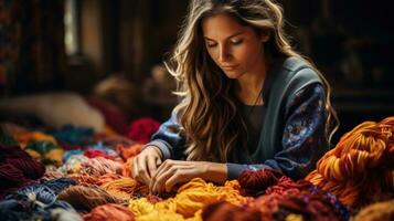 Woman engaged in textile therapy weaving colors and healing through embroidery photo