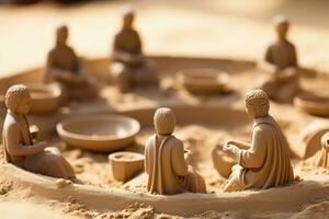 Miniature figures arranged in sand for therapy background with empty space for text photo