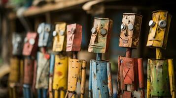 Upcycled sculptures from recycled materials workshop background with empty space for text photo