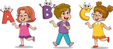educación concepto y literatura aprendizaje vector ilustración con dibujos animados personajes.alfabeto aprendiendo.