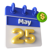 mayo 25 calendario 3d con dólar símbolo png