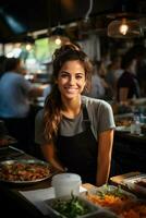 Entrepreneur at busy urban food stall background with empty space for text photo