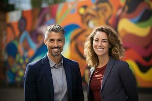 Two Innovative business leaders gather at local park framed by colorful artistic murals photo
