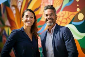 Two Innovative business leaders gather at local park framed by colorful artistic murals photo
