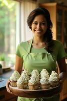 Home baker turned entrepreneur amidst buttercream yellow fresh apple green and warm cinnamon surroundings photo