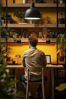 Indie entrepreneur in a trendy loft workspace background with empty space for text photo