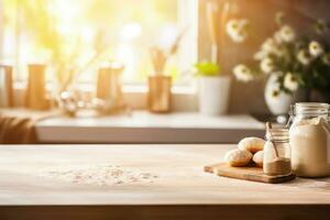 Entrepreneur baking in a sunlit kitchen background with empty space for text photo