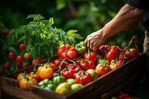 Gastronome entrepreneur sourcing from lush farmers market underscored by ripe red green and earthy brown tones photo