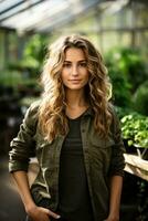 Eco craft entrepreneur in lush greenhouse background with empty space for text photo