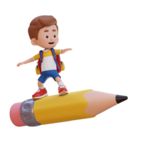 3D kid character standing riding a pencil png