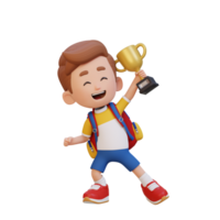 3D kid character celebrating win holding a trophy png