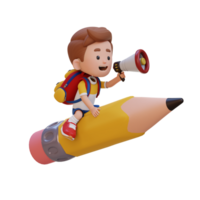 3D kid character riding a pencil and holding megaphone png