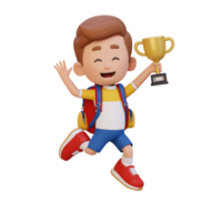 3d niño personaje celebrando ganar participación un trofeo png