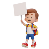 3D kid character holding a blank placard png