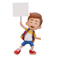 3D kid character holding a blank placard png